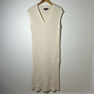 Eloquii Cream Ribbed Sweater Dress - Maxi with Slits, V Neck Tank Style 14 16